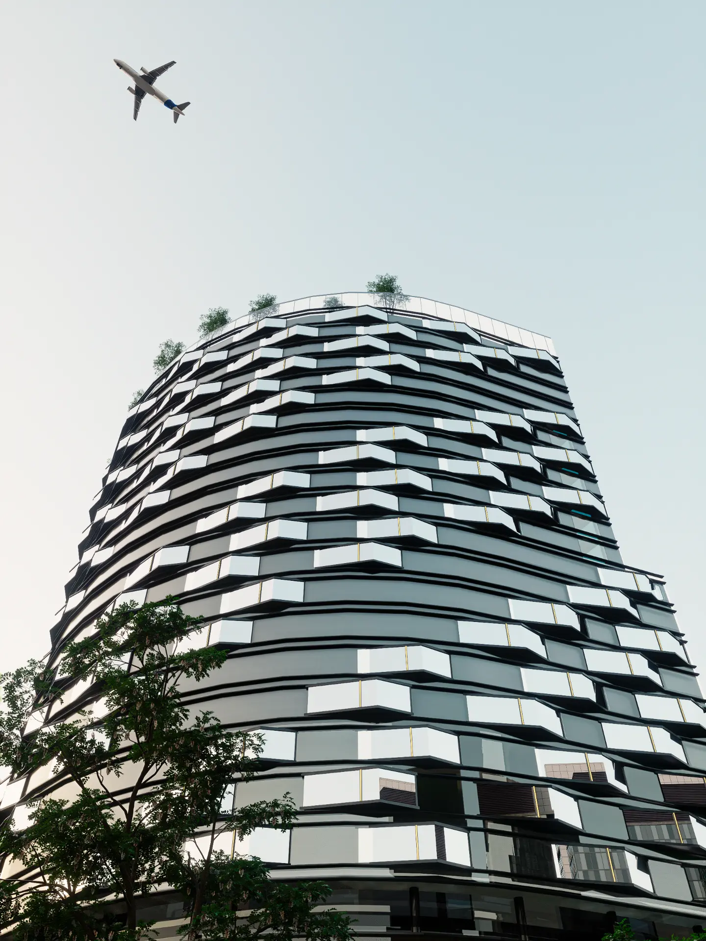 Render contrapicado de fachada de torre