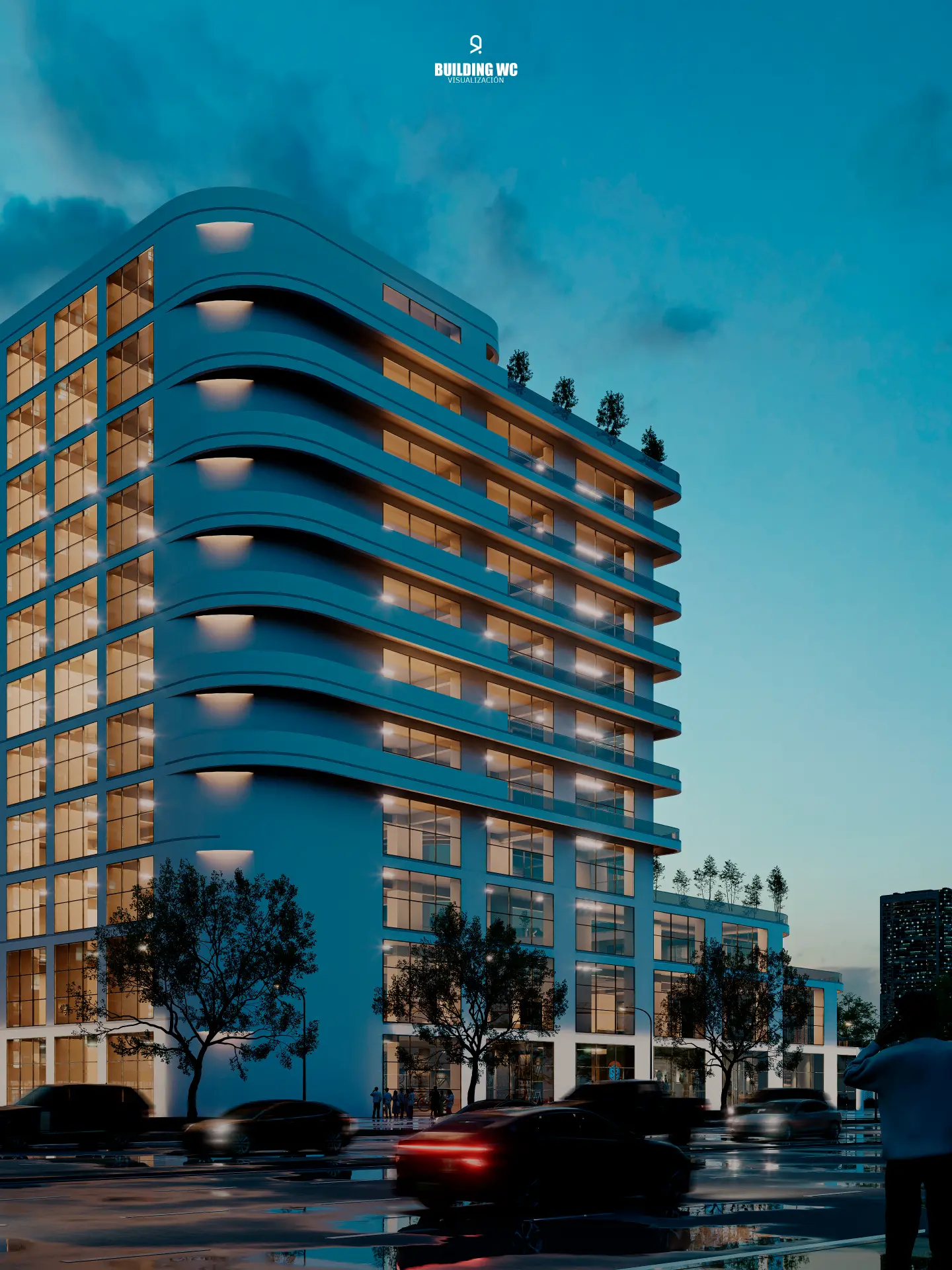 Render exterior de edificio al atardecer con iluminación cálida
