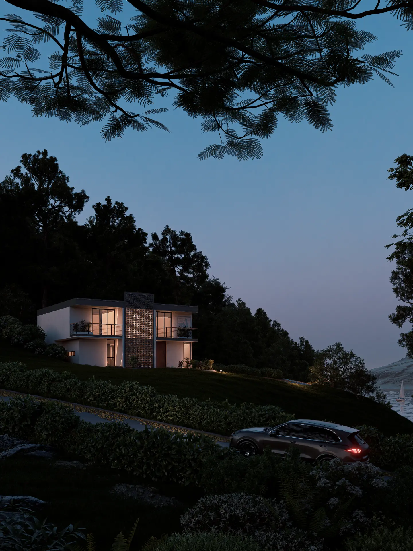 Render nocturno de casa moderna en la ladera