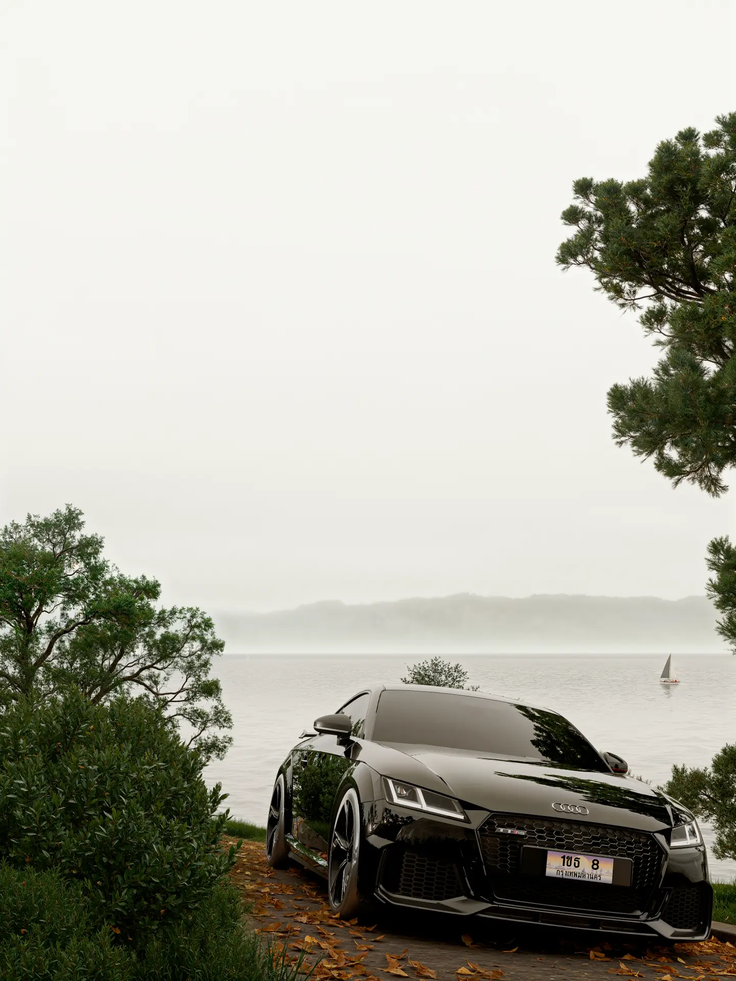 Render de automóvil frente al lago con niebla