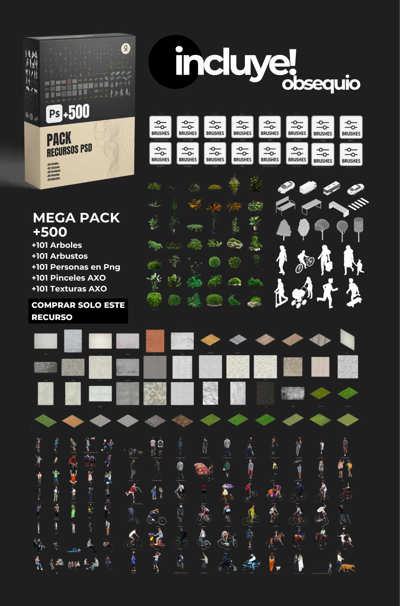 Contenido del Mega Pack +500: árboles, arbustos, personas en PNG, pinceles y texturas AXO