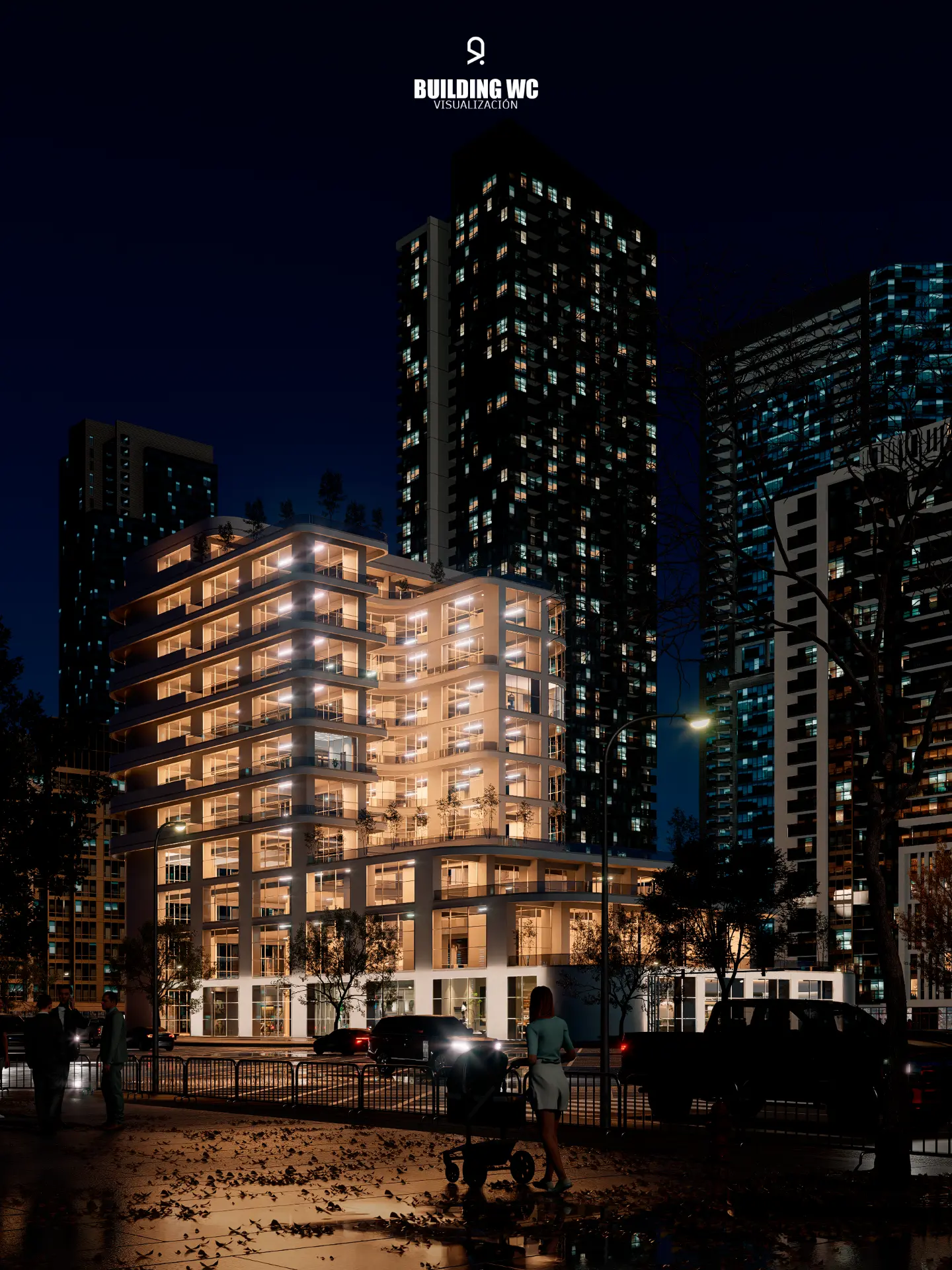 Render nocturno de edificio iluminado en contexto urbano