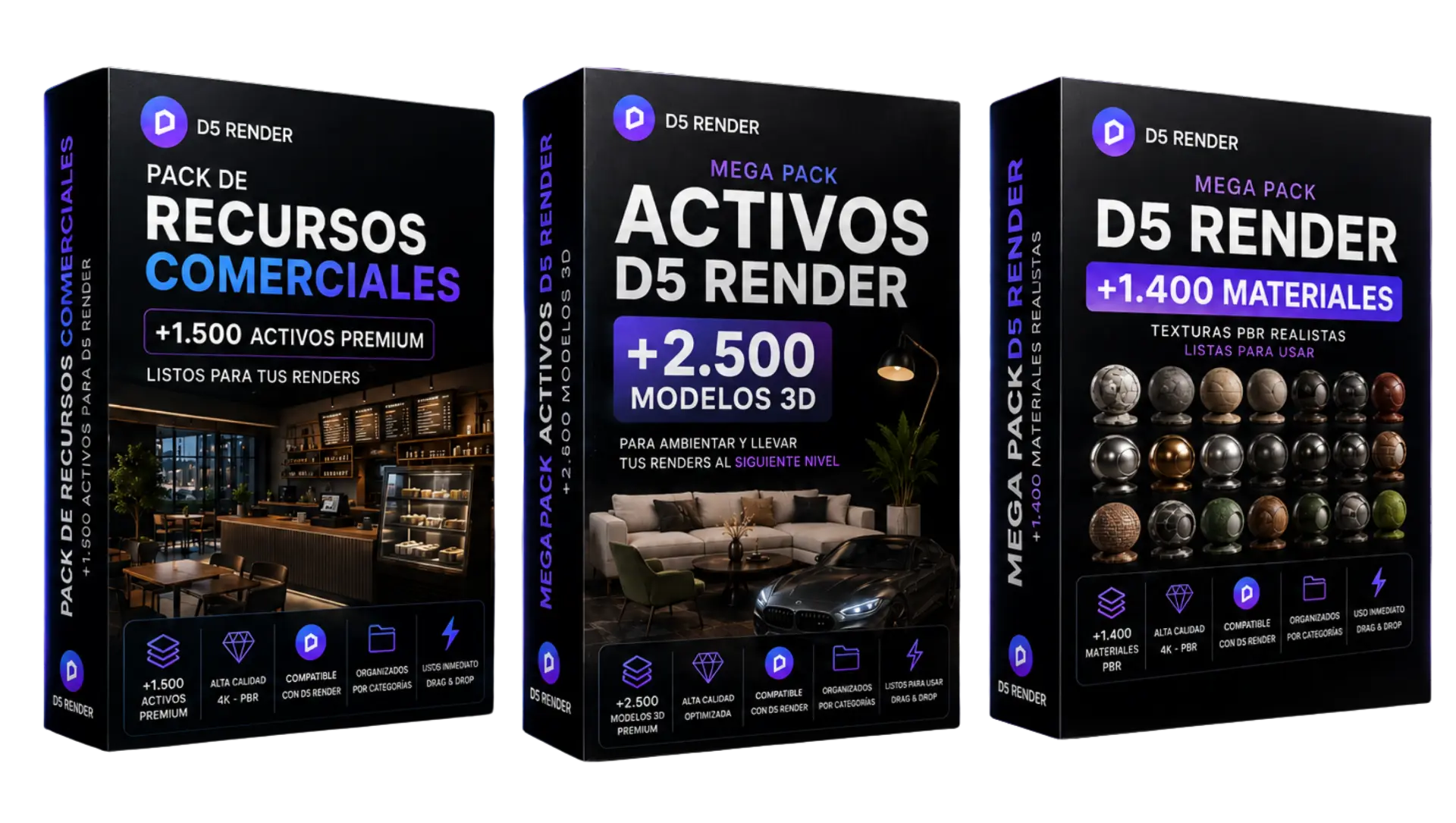 Mockups de los packs incluidos: Pack de Recursos Comerciales, Pack de Activos D5 Render y Mega Pack D5 Render +1.400 Materiales