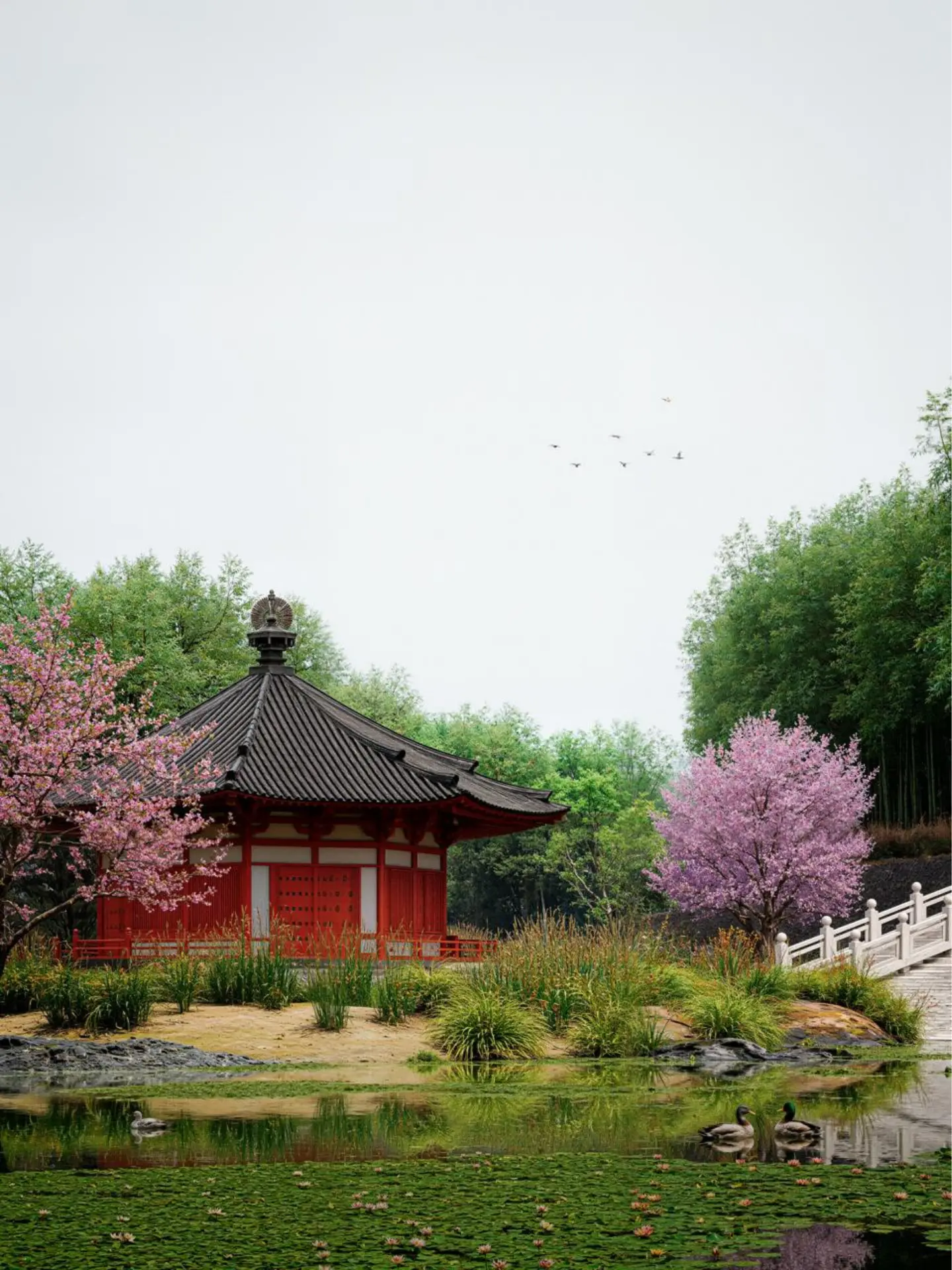 Render de paisajismo con templo japonés y cerezos