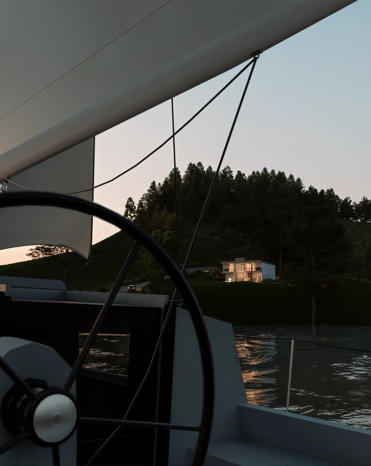 Render de casa vista desde un velero al anochecer