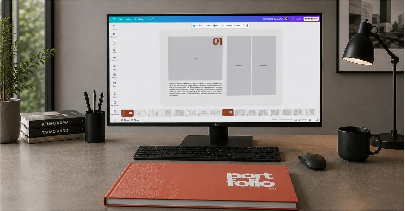 Escritorio con monitor mostrando la maquetación de un portafolio y un libro impreso