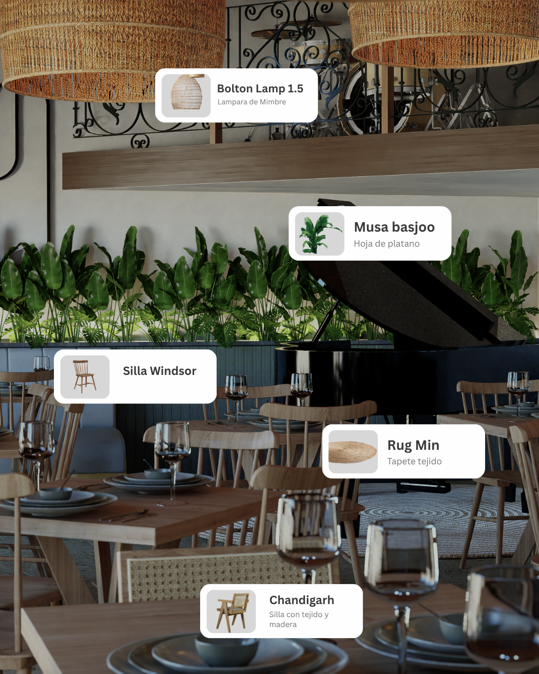 Plantilla ArquiFeed: mobiliario etiquetado en un render