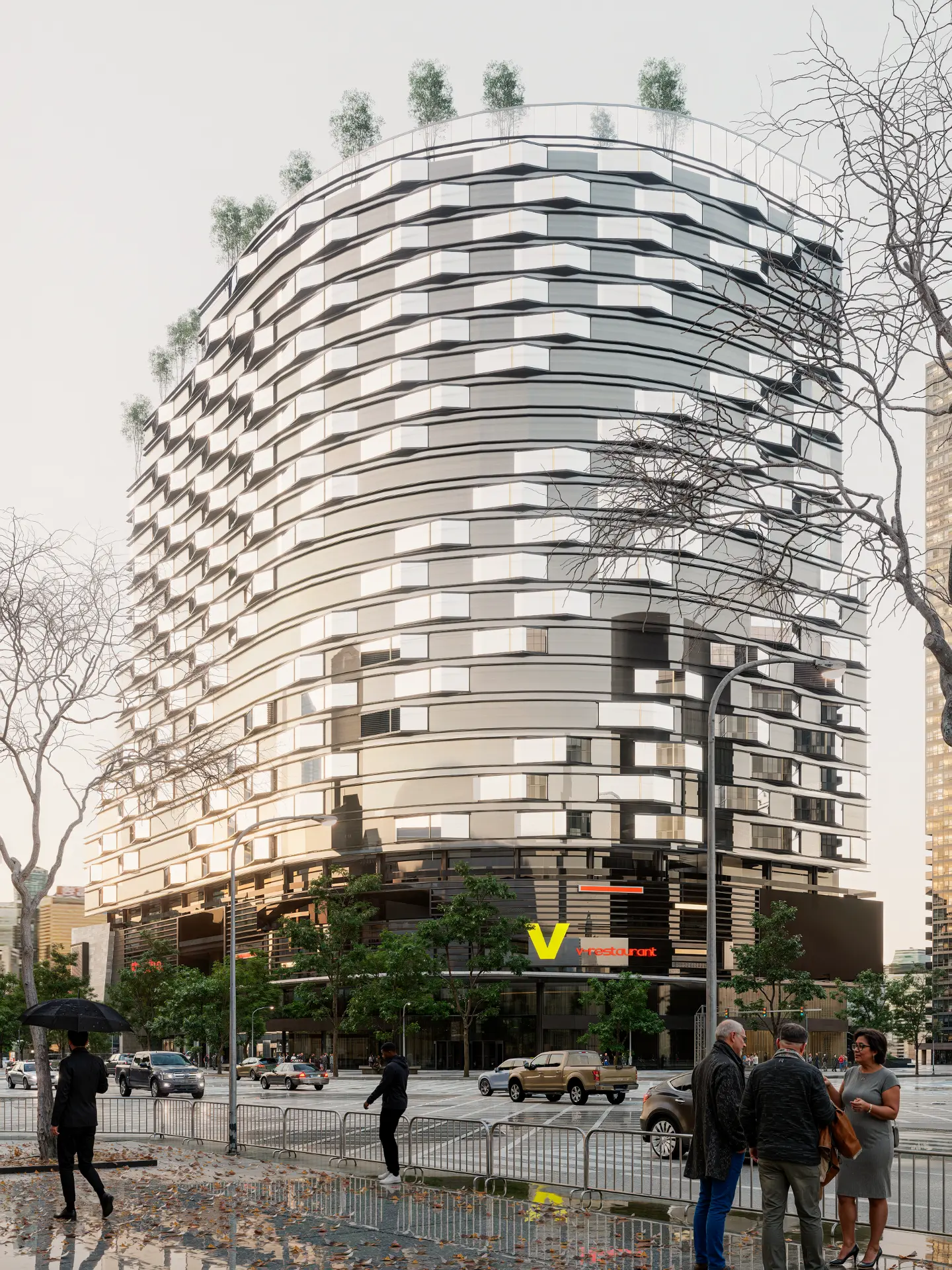Render exterior urbano de torre residencial, día