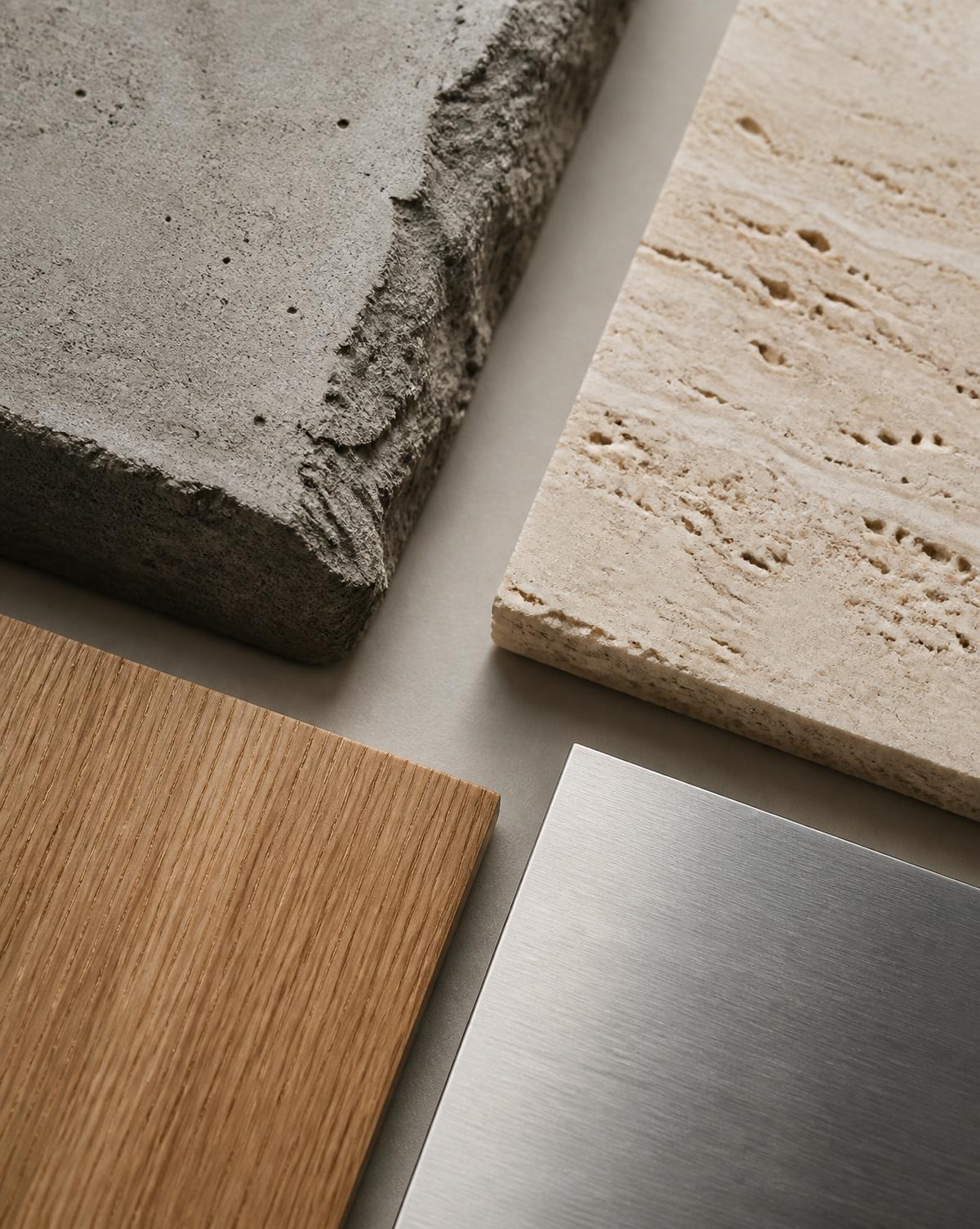 Muestras de materiales arquitectónicos sobre fondo neutro