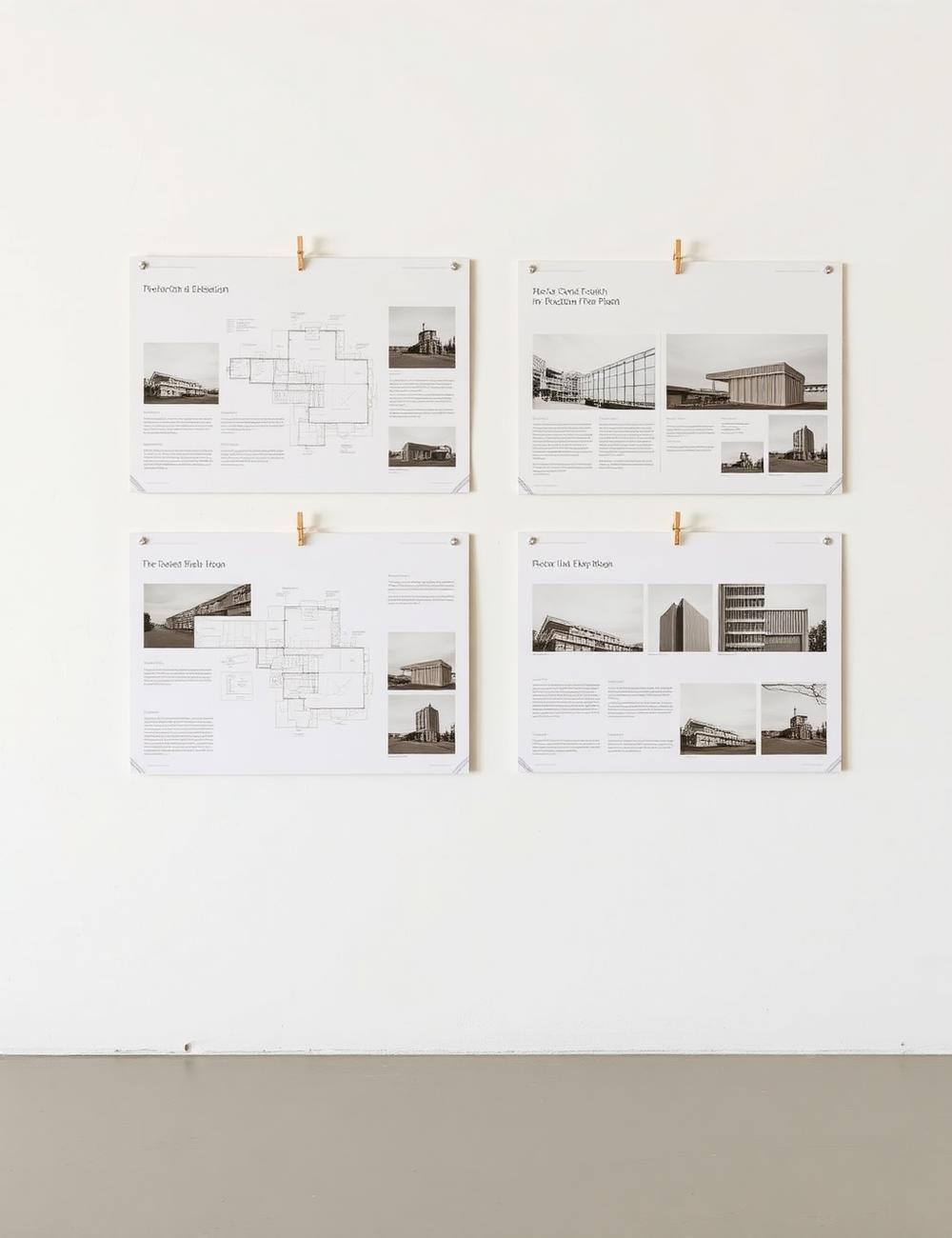 Láminas de presentación arquitectónica sobre muro claro